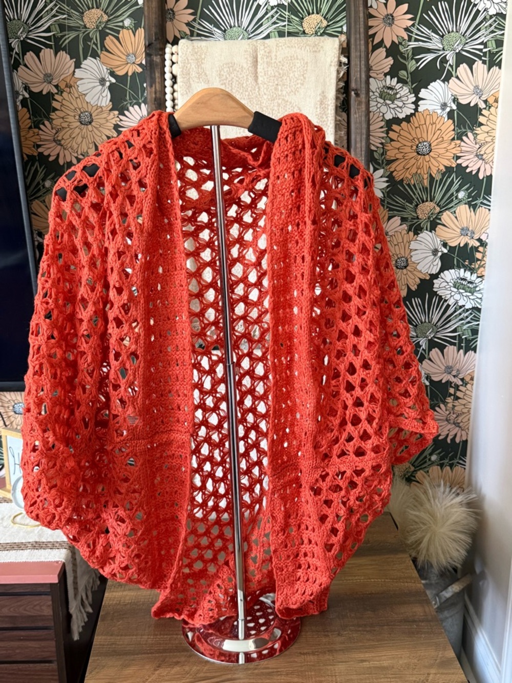 Open-Knit Coral Red Women's Poncho Shrug